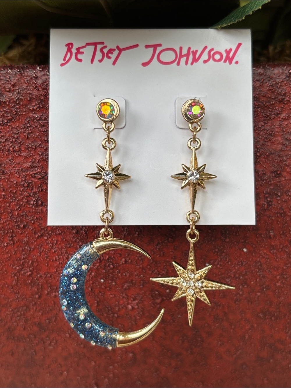Betsey Johnson Celestial Blue Moon Gold Tone Star Mismatched Drop Earrings